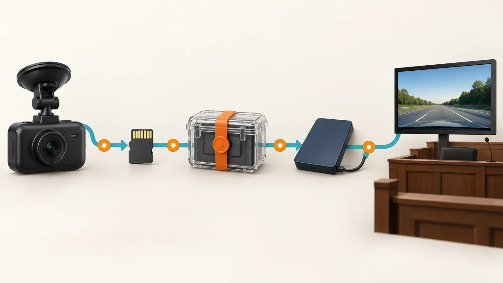Dash camera file moving through protected storage, a working copy, and courtroom review