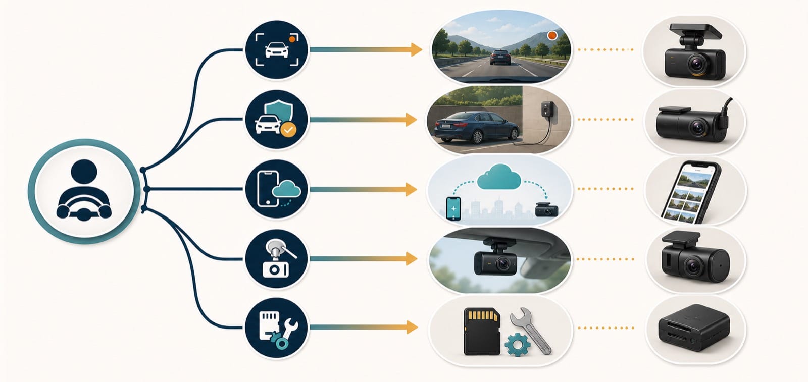 Five dash cam decision factors connected to different camera arrangements