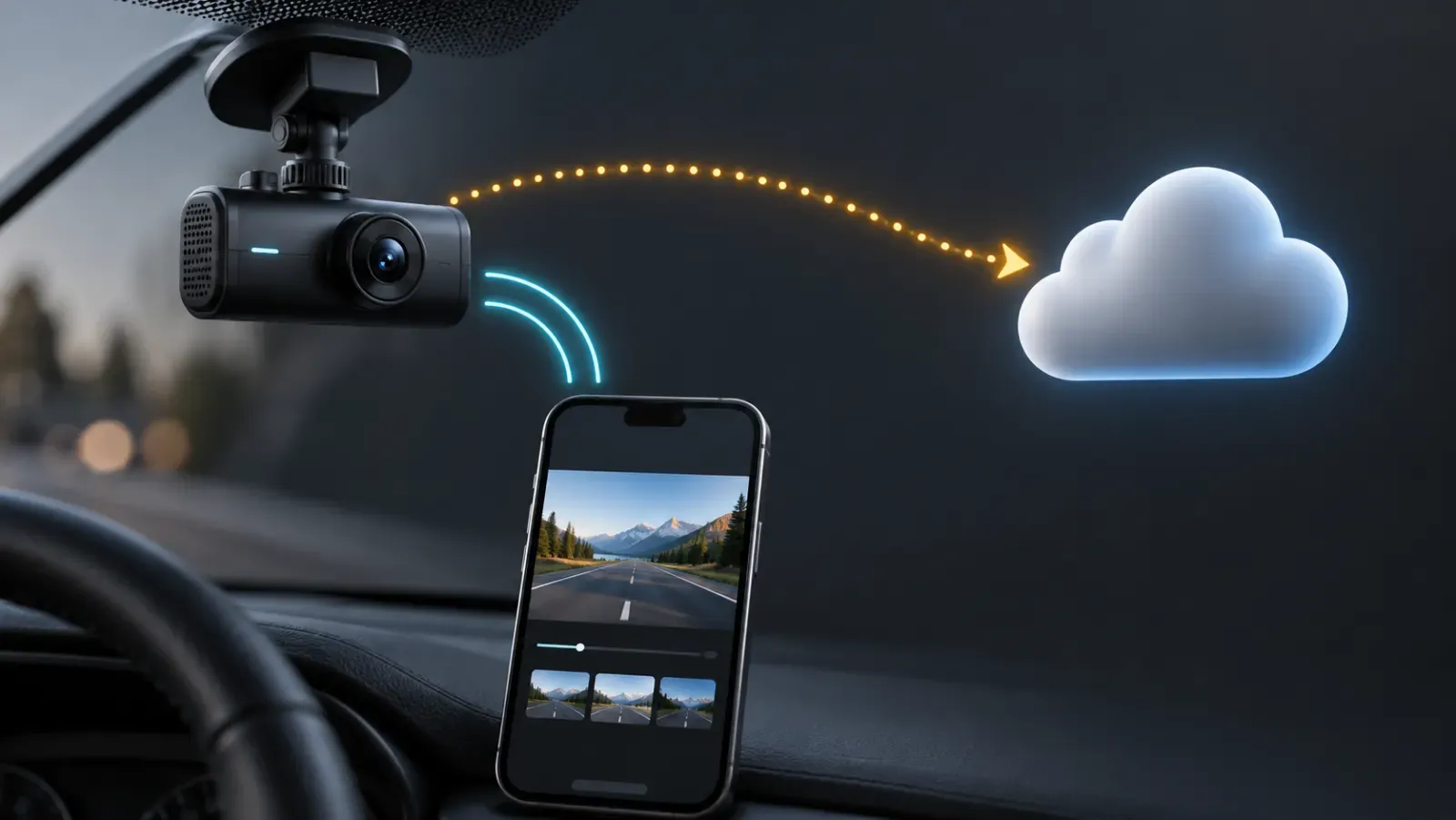Illustration of a dash camera connecting locally to a phone and separately to a cloud service