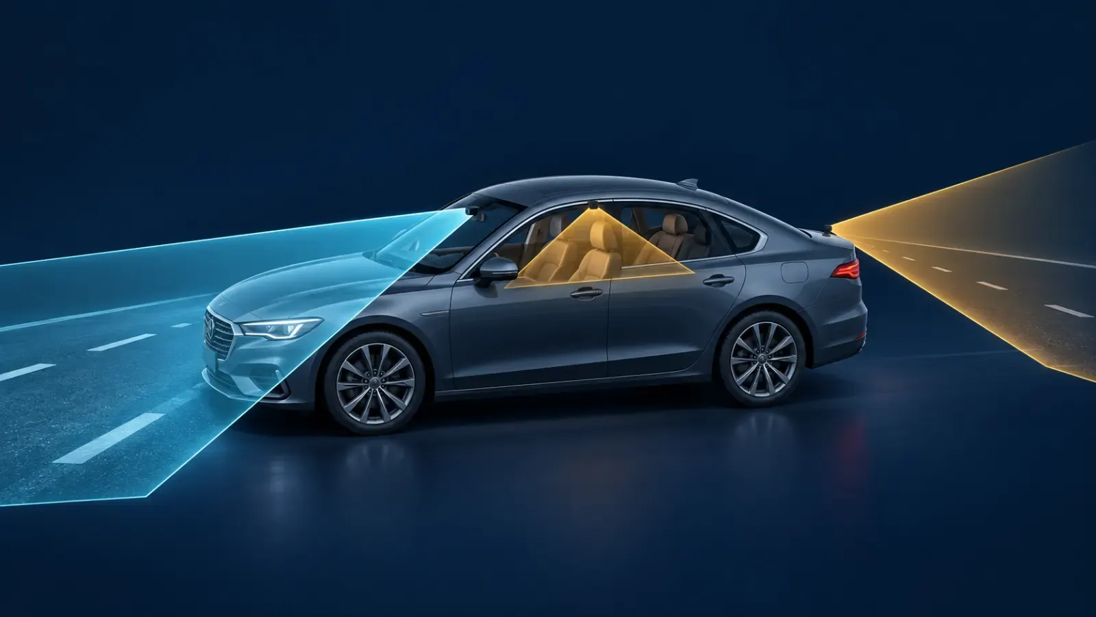 Illustration of road, cabin, and rear camera coverage around a sedan