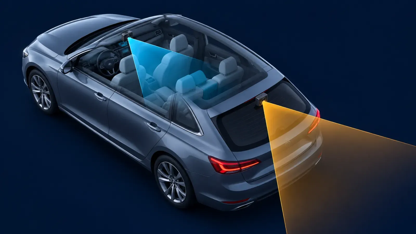 Cabin camera points inward while a separate rear camera points behind a sedan