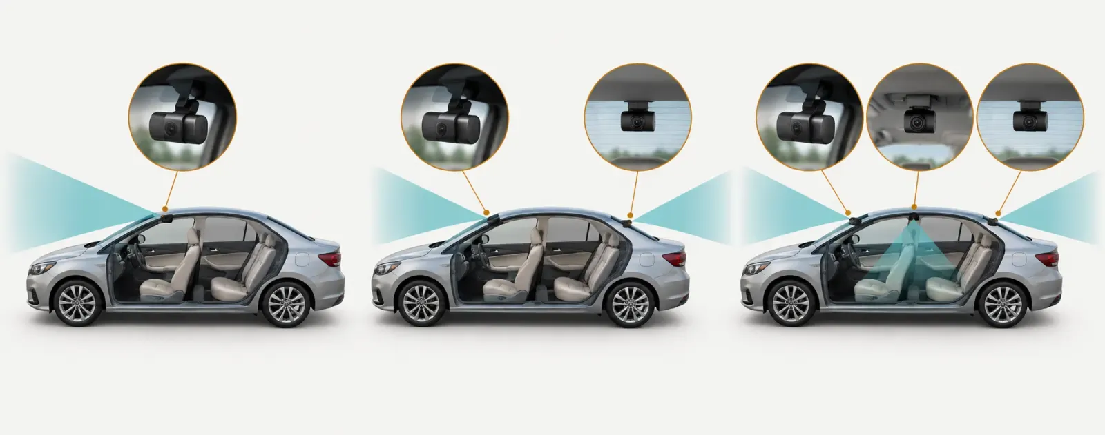 Three car cutaways compare forward, rearward, and inward dash camera views