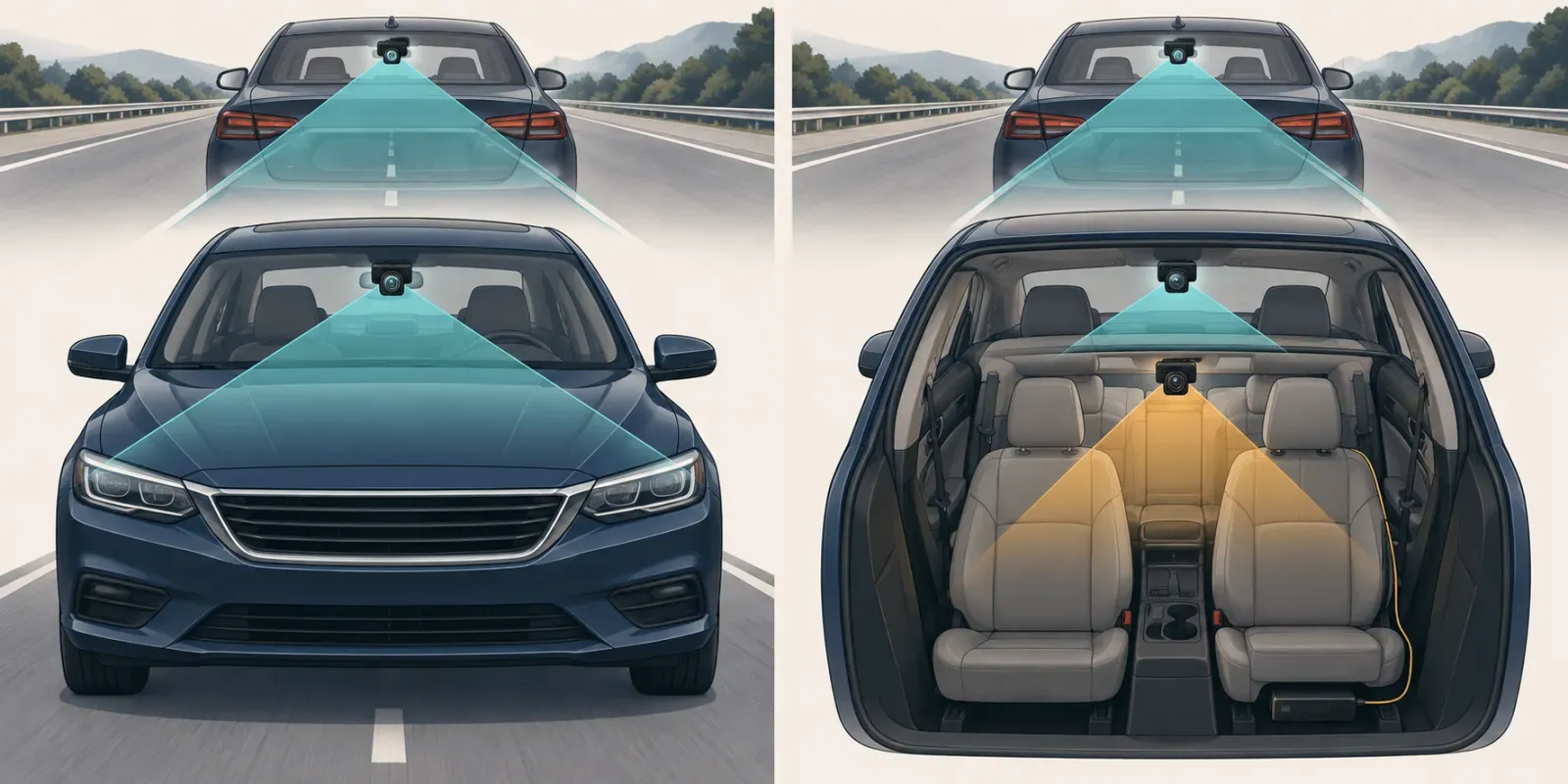 Comparison of front and rear road views with an added inward cabin view