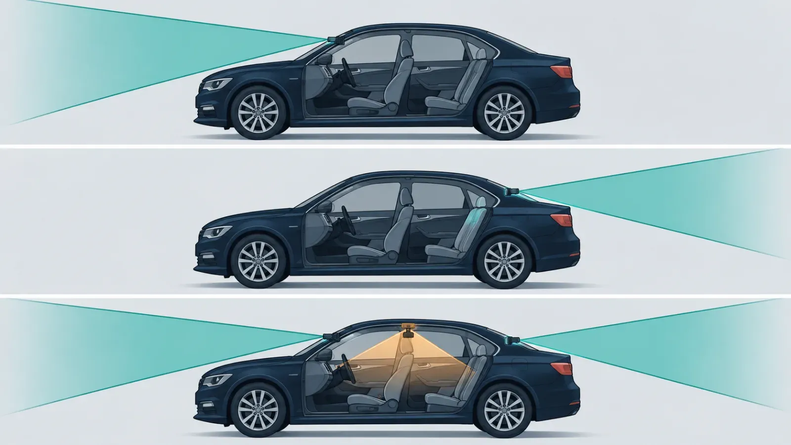 Three vehicle cutaways showing two-channel and three-channel recording coverage.