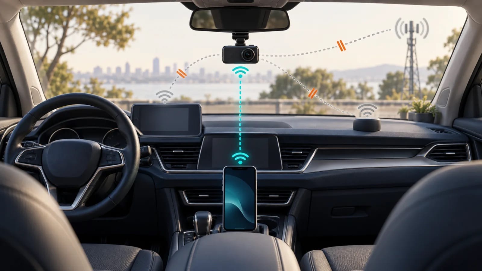 A parked car shows a stable camera-to-phone path while three competing wireless paths are interrupted