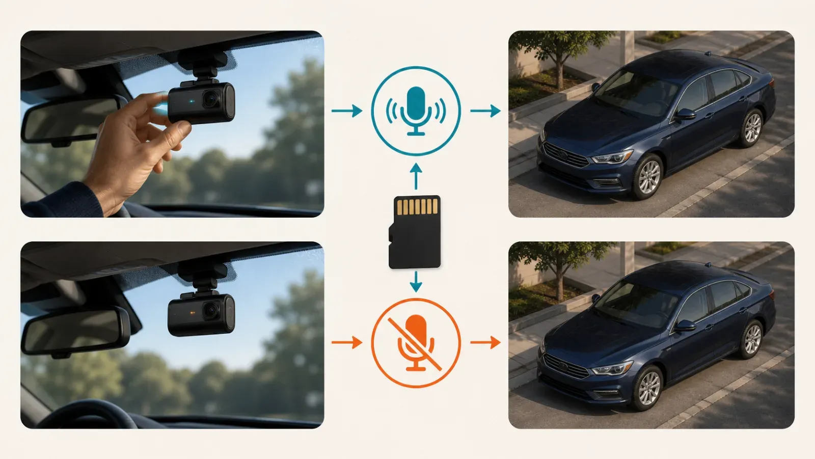 Parked dash cam microphone check comparing active and muted audio states