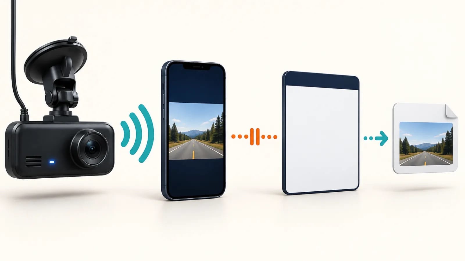 A powered dash camera connects to a phone, but the handoff to its blank app window is interrupted