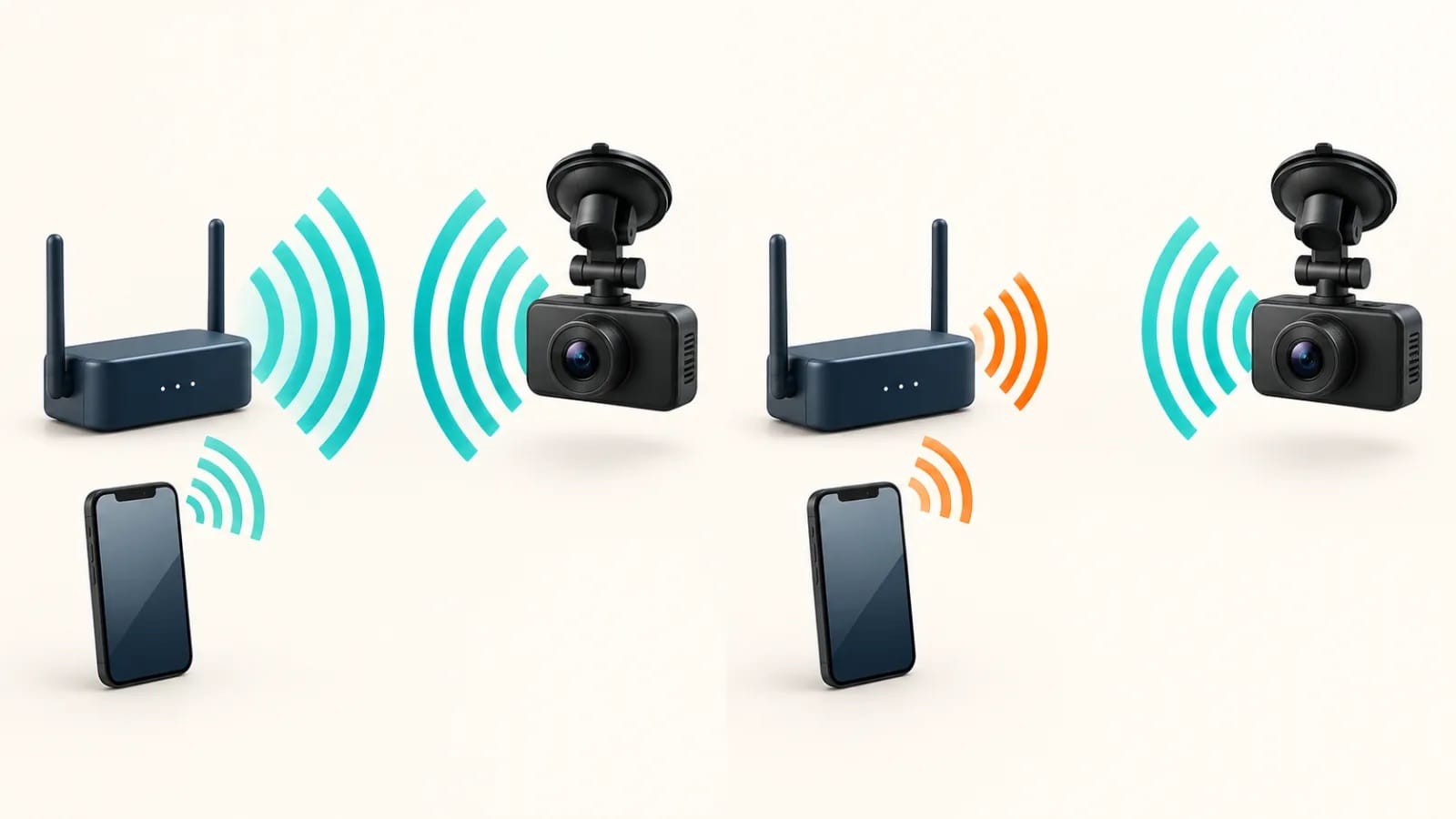 Matching teal wireless waves connect one hotspot and dash camera while mismatched waves remain separated