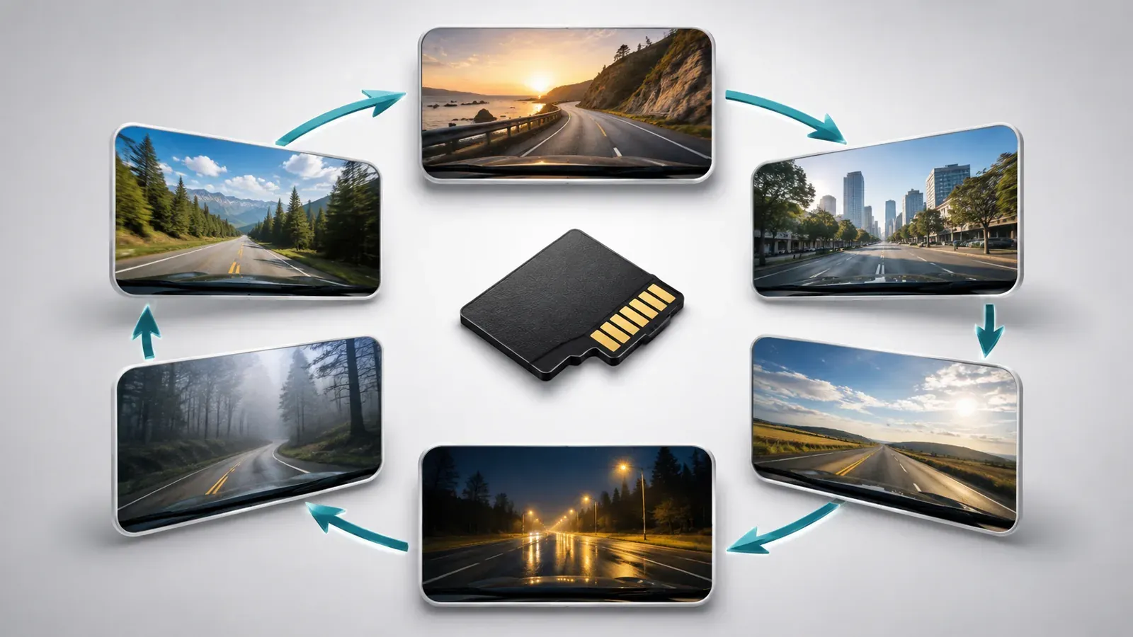 MicroSD card surrounded by road-video thumbnails and circular arrows