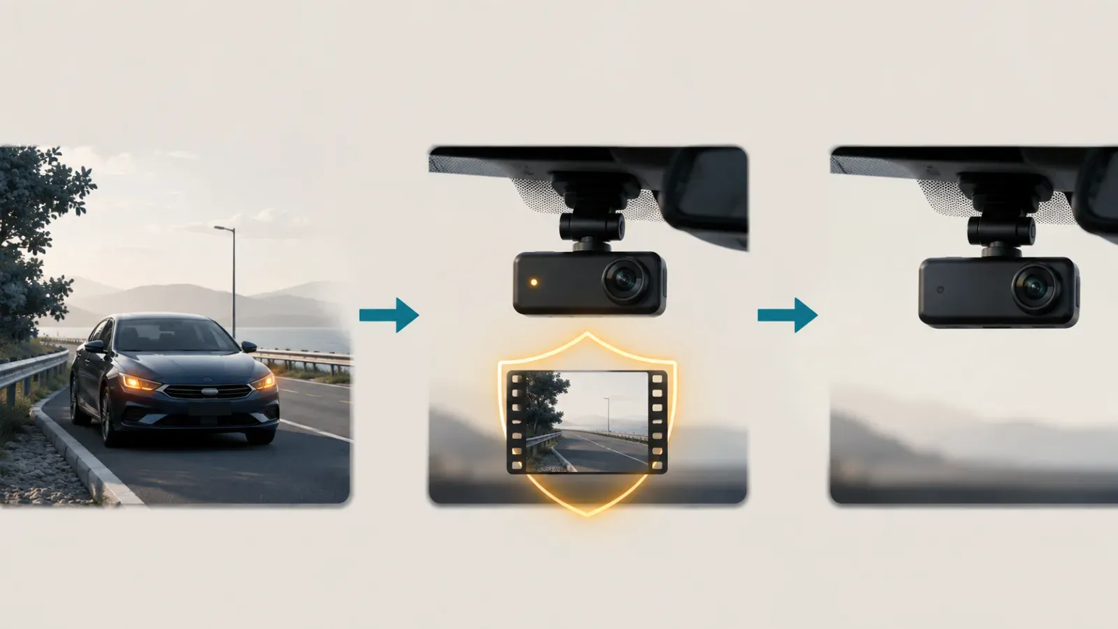 Three-step flow from a parked car to a protected clip and stopped dash camera