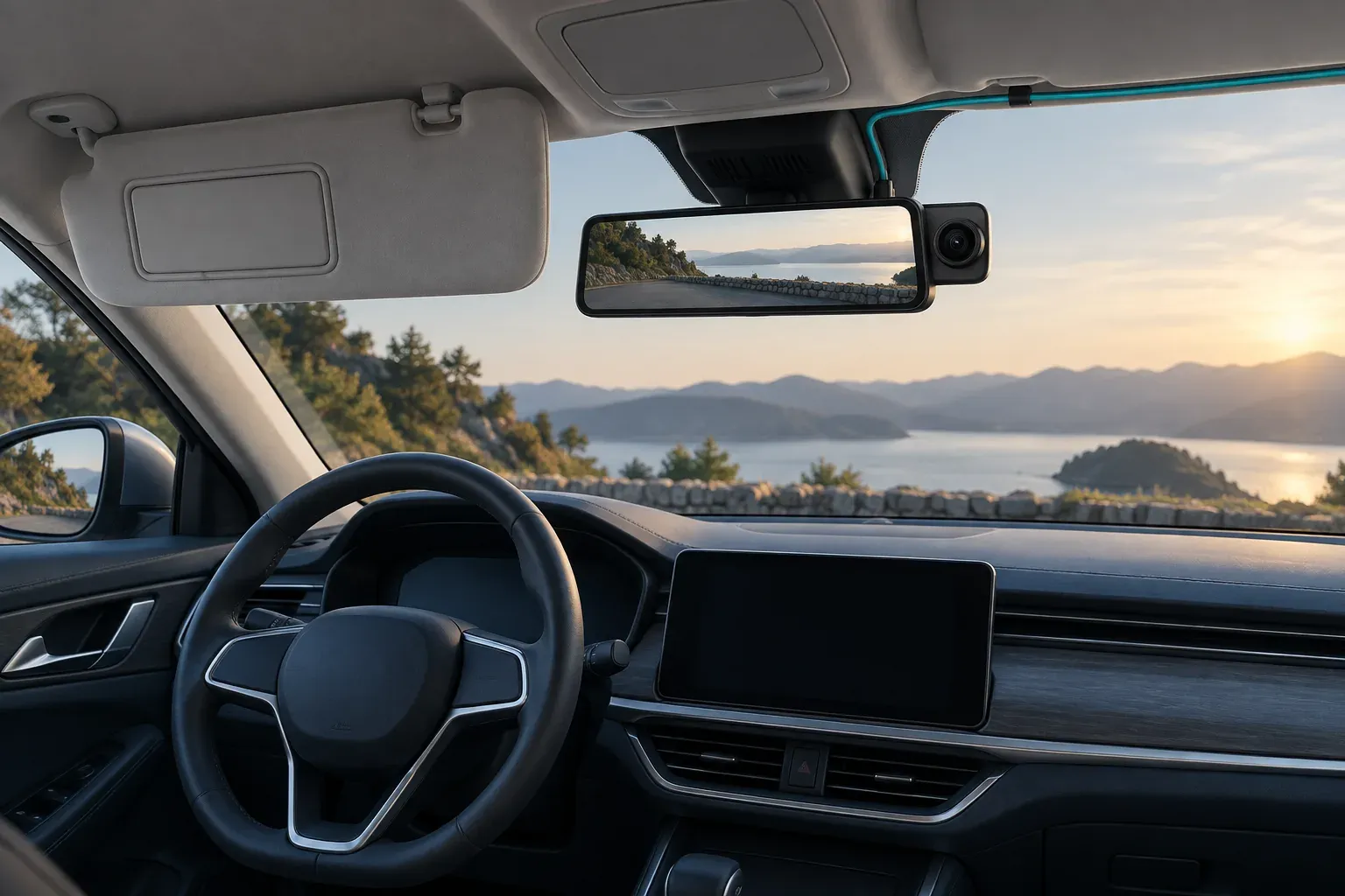 Mirror dash camera with a clear front lens, lowered visor, factory sensor housing, and concealed rear cable