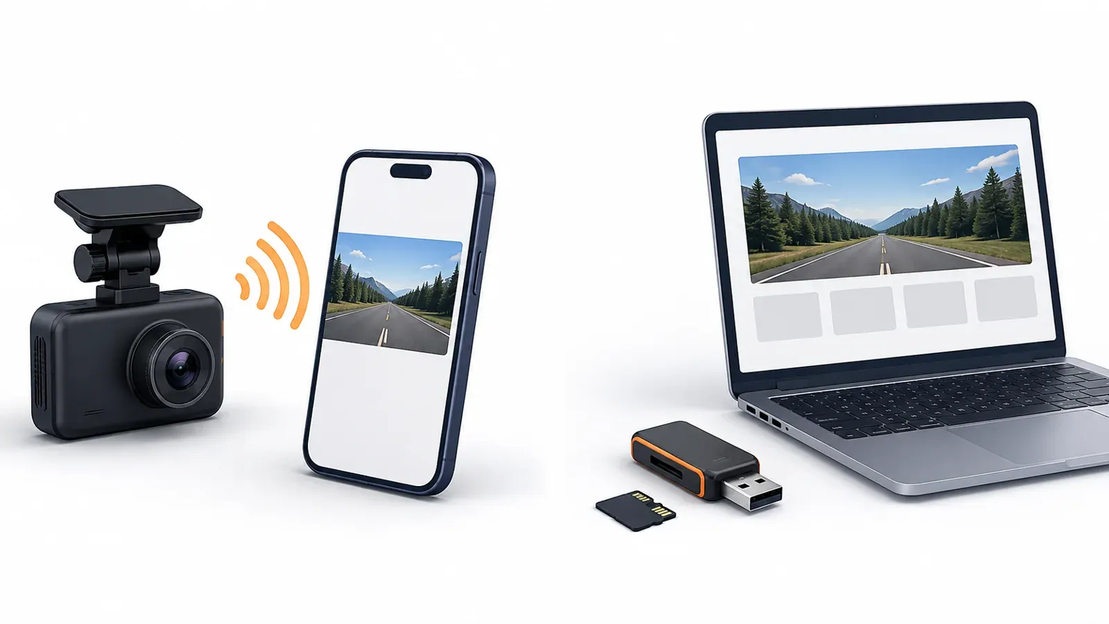 Nearby phone retrieval and memory-card retrieval shown as separate dash cam workflows