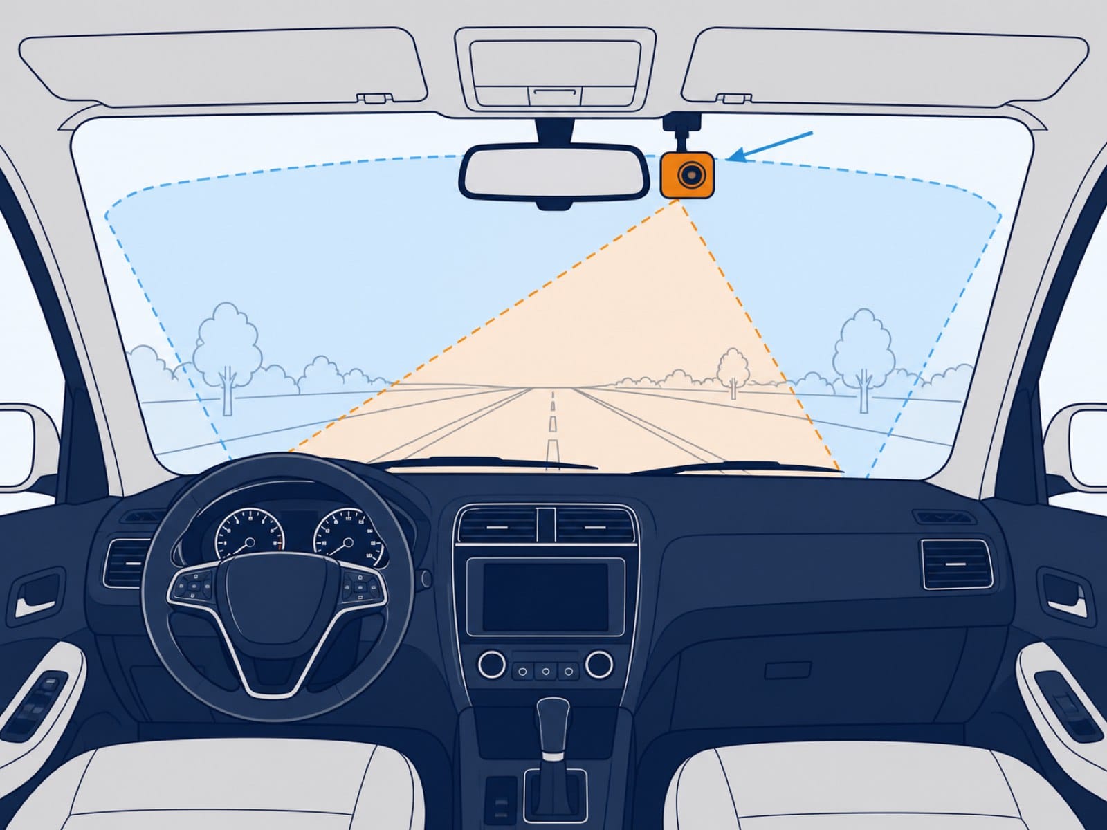 Front dash cam mounted near the mirror outside the driver's sightline