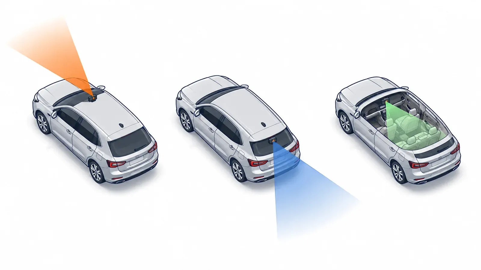 Separate front, rear, and cabin dash cam views shown on three cars