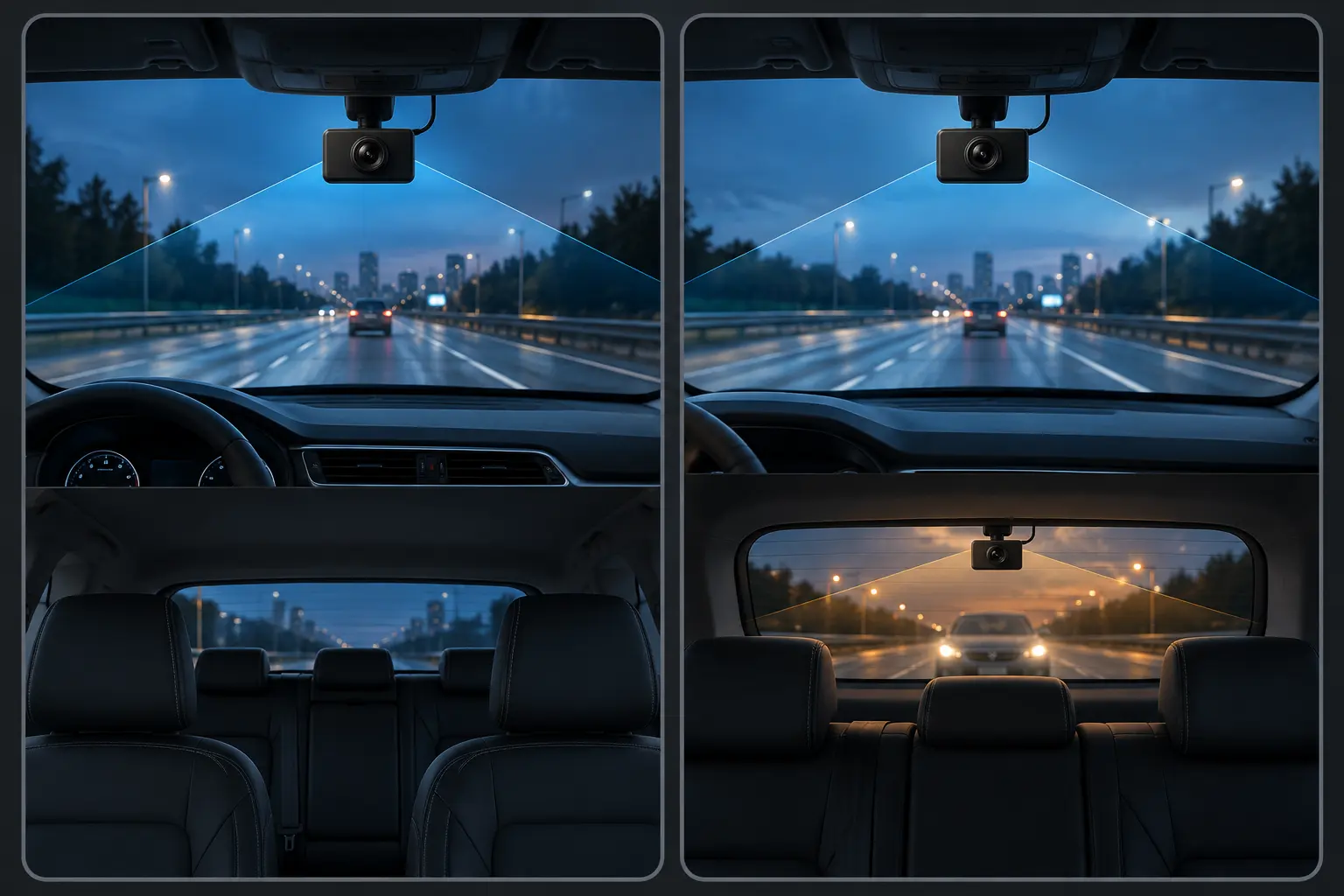 Two generic dash camera layouts comparing front-only and front-plus-rear coverage
