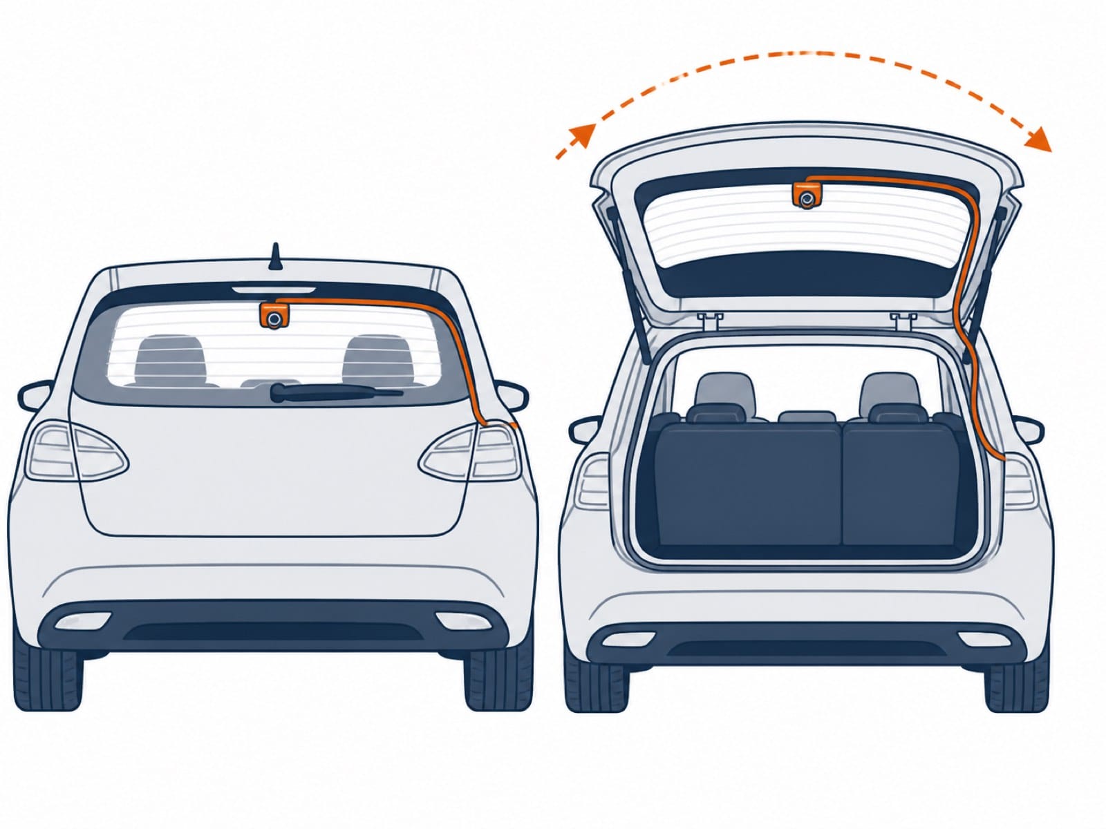 Rear dash cam cable with controlled slack when a hatch is closed and open
