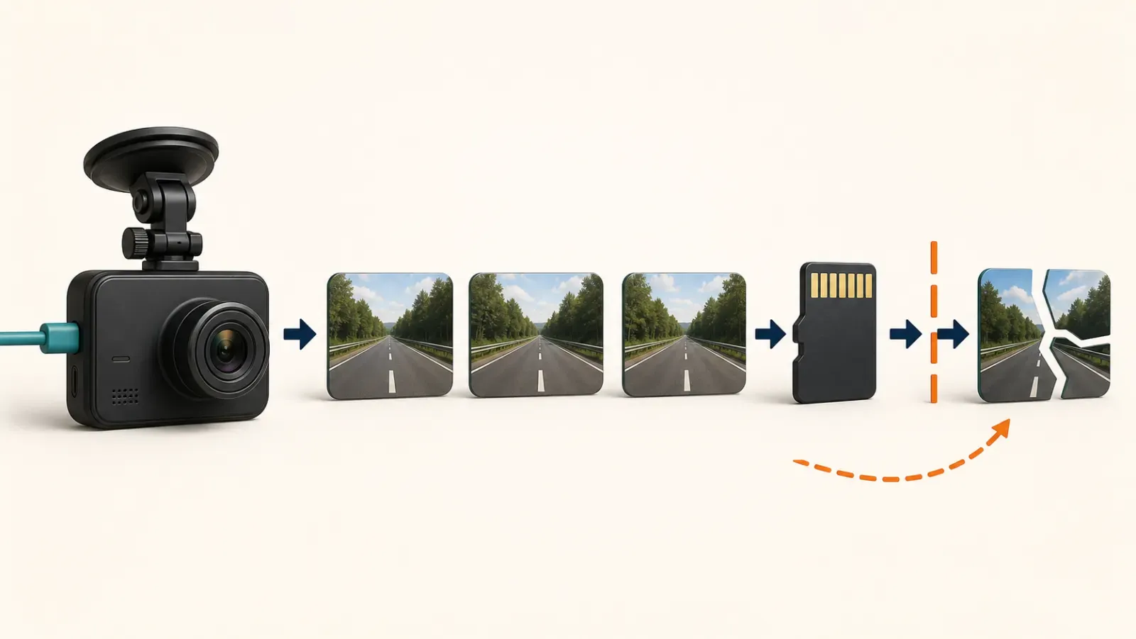 Wordless recording chain showing a dash camera writing clips to a memory card before an interrupted final segment