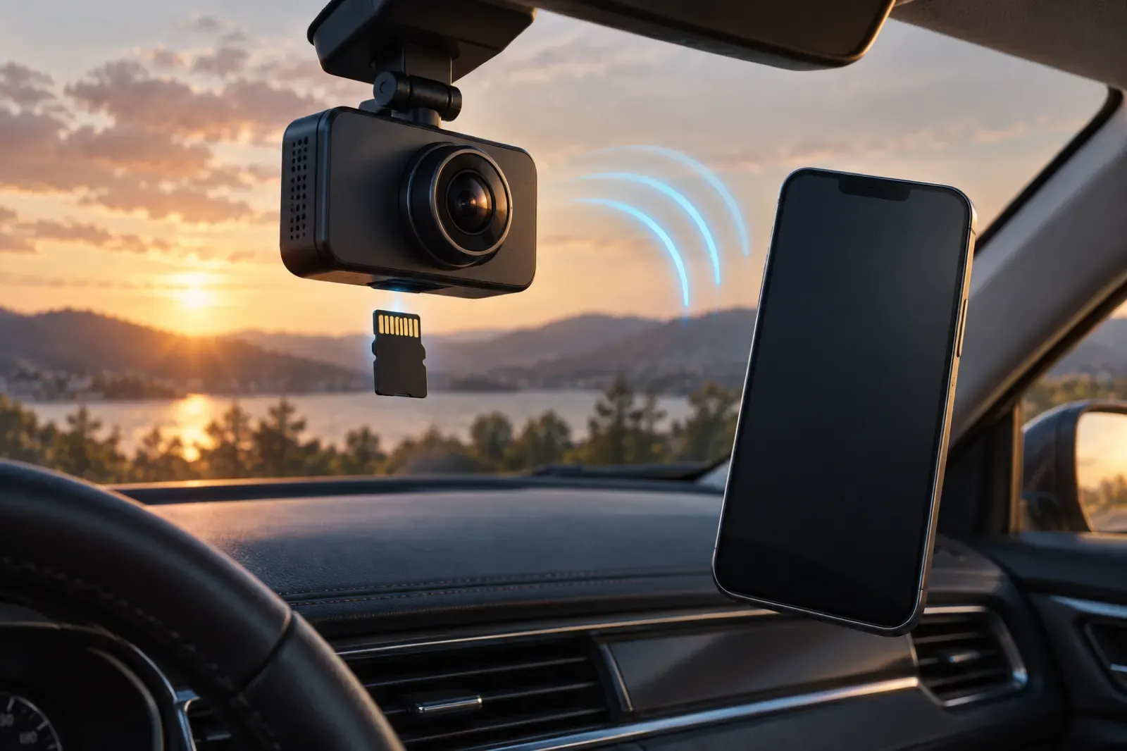 Generic dash camera sharing clips locally with a phone and removable memory card