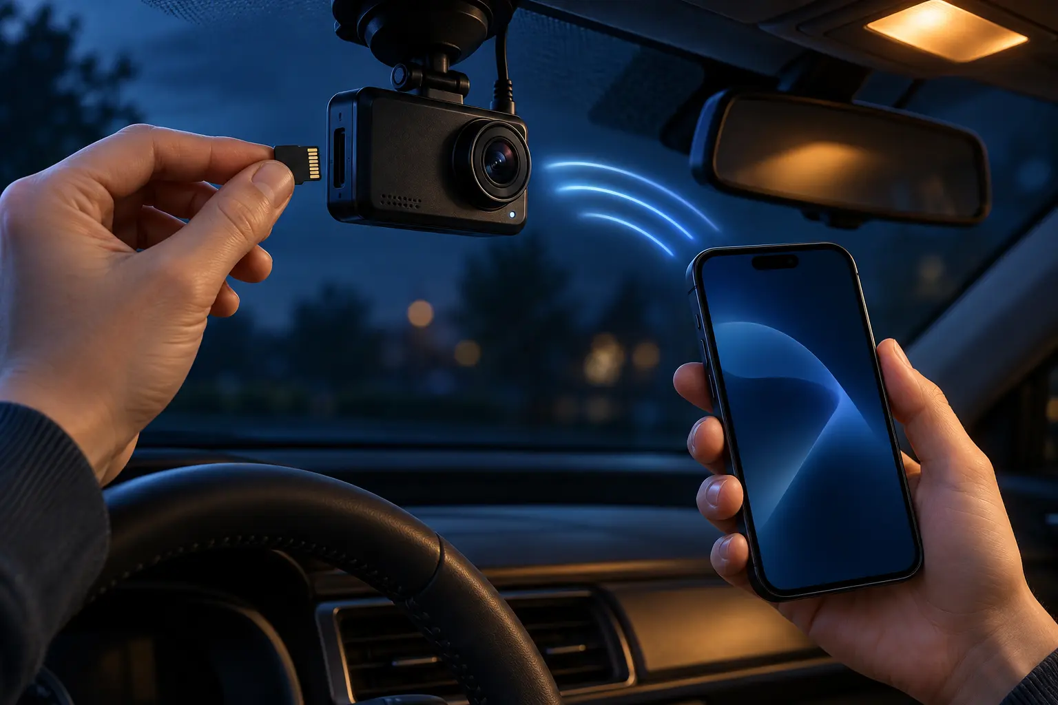A generic dash camera, memory card, and phone showing local file retrieval without readable interface text