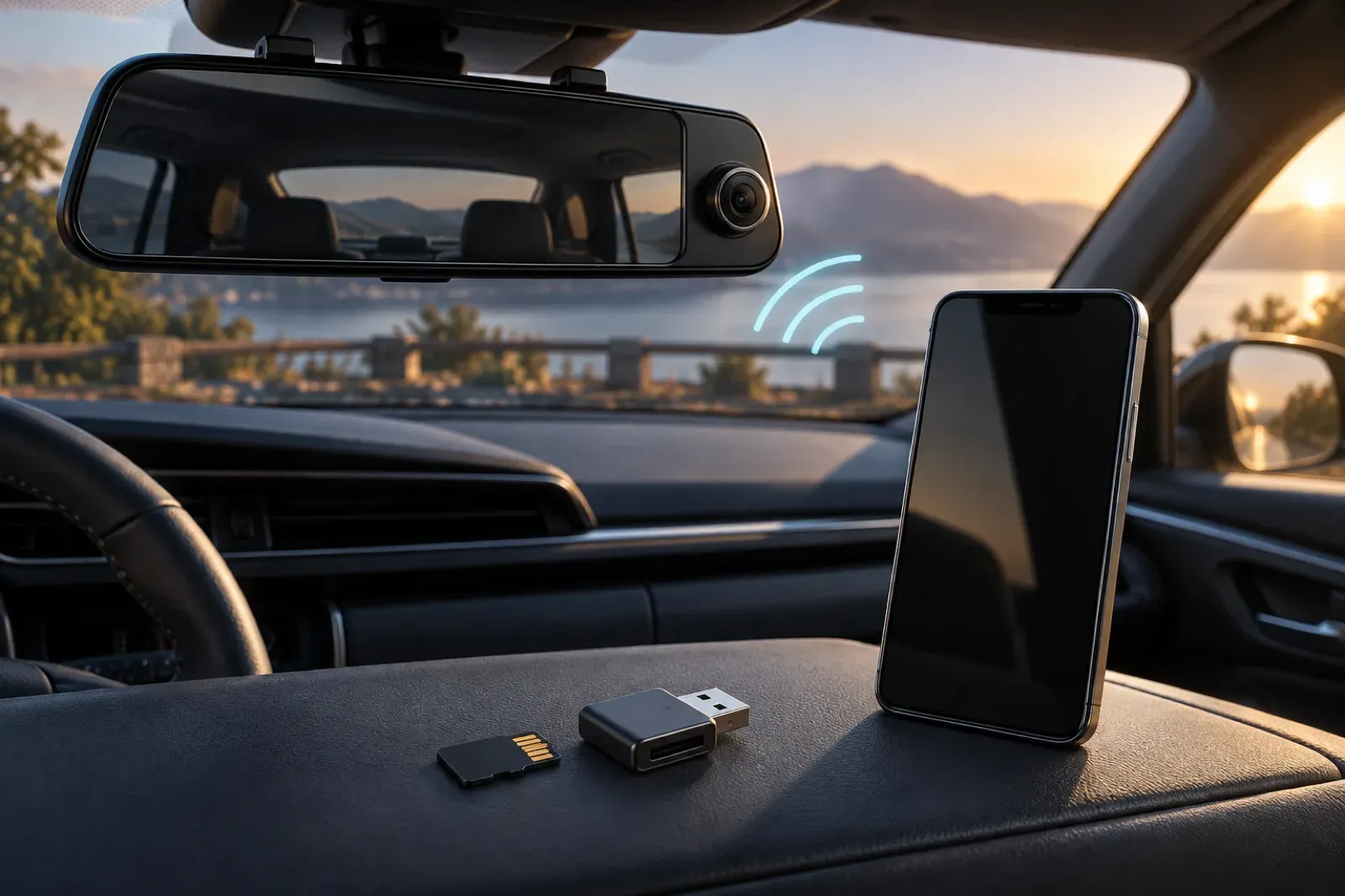 Generic mirror dash camera, memory card, and phone using local Wi-Fi