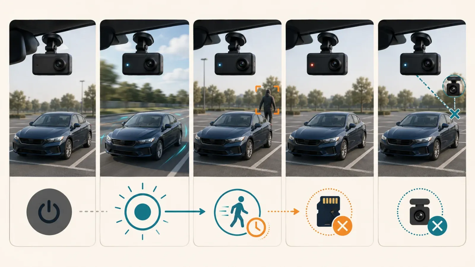 Five visual states showing power-off, normal recording, early stop, card failure, and missing rear channel