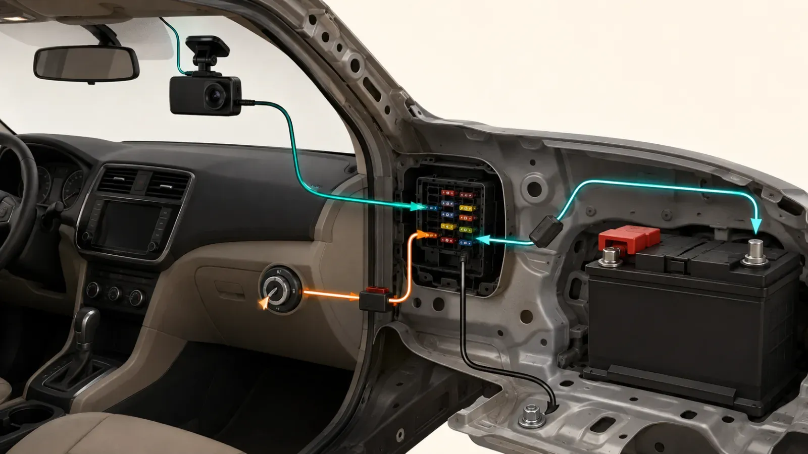Vehicle cutaway showing constant power, ignition-switched power, and chassis ground paths to a dash cam