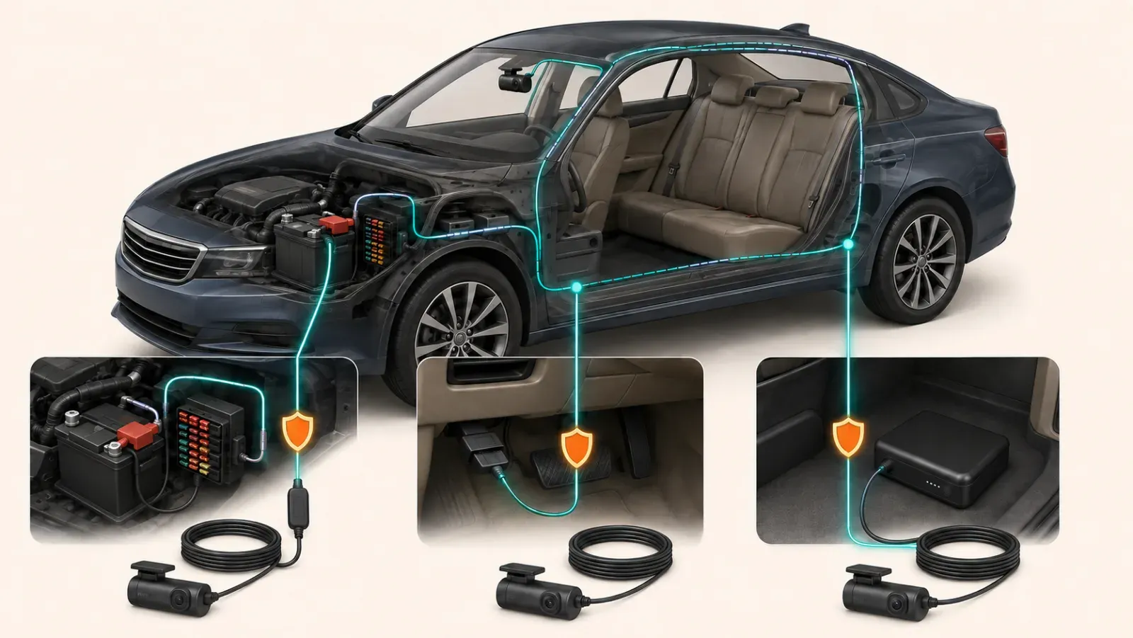 Three wordless power paths show hardwiring, OBD-II, and a dedicated battery for parking mode