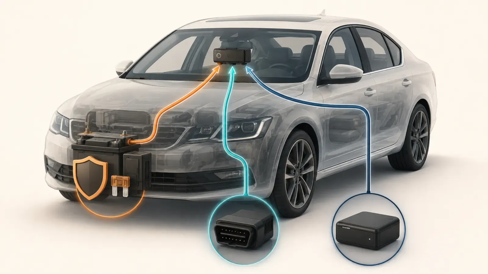Three wordless power paths connect a vehicle battery, OBD-II plug, and dedicated battery to a parked dash camera