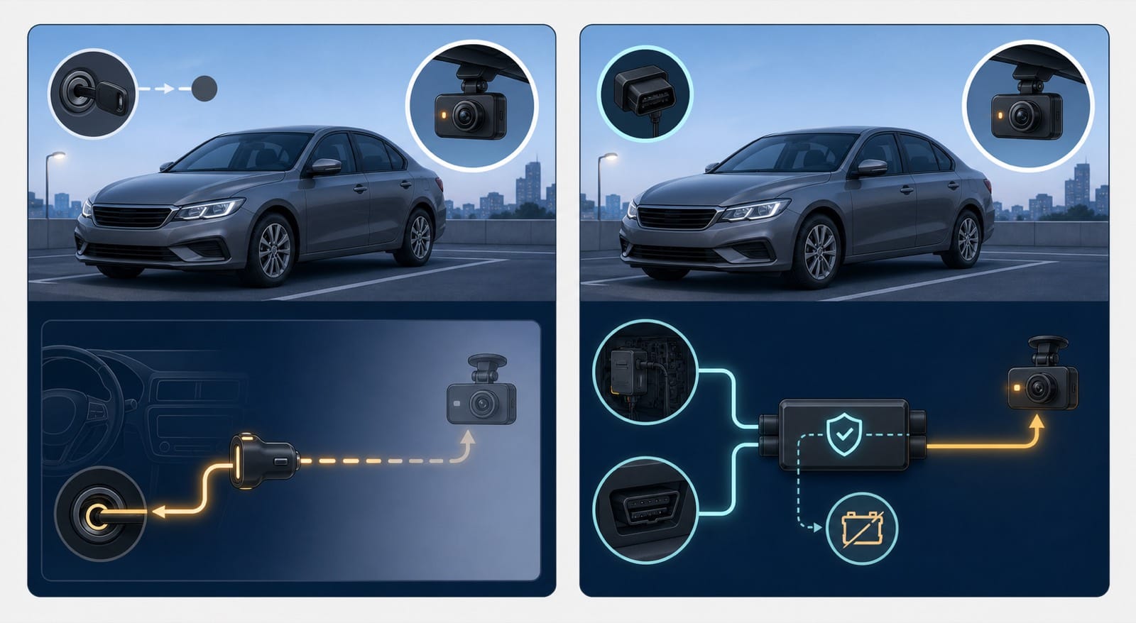 Temporary accessory power compared with a protected constant-power dash cam connection