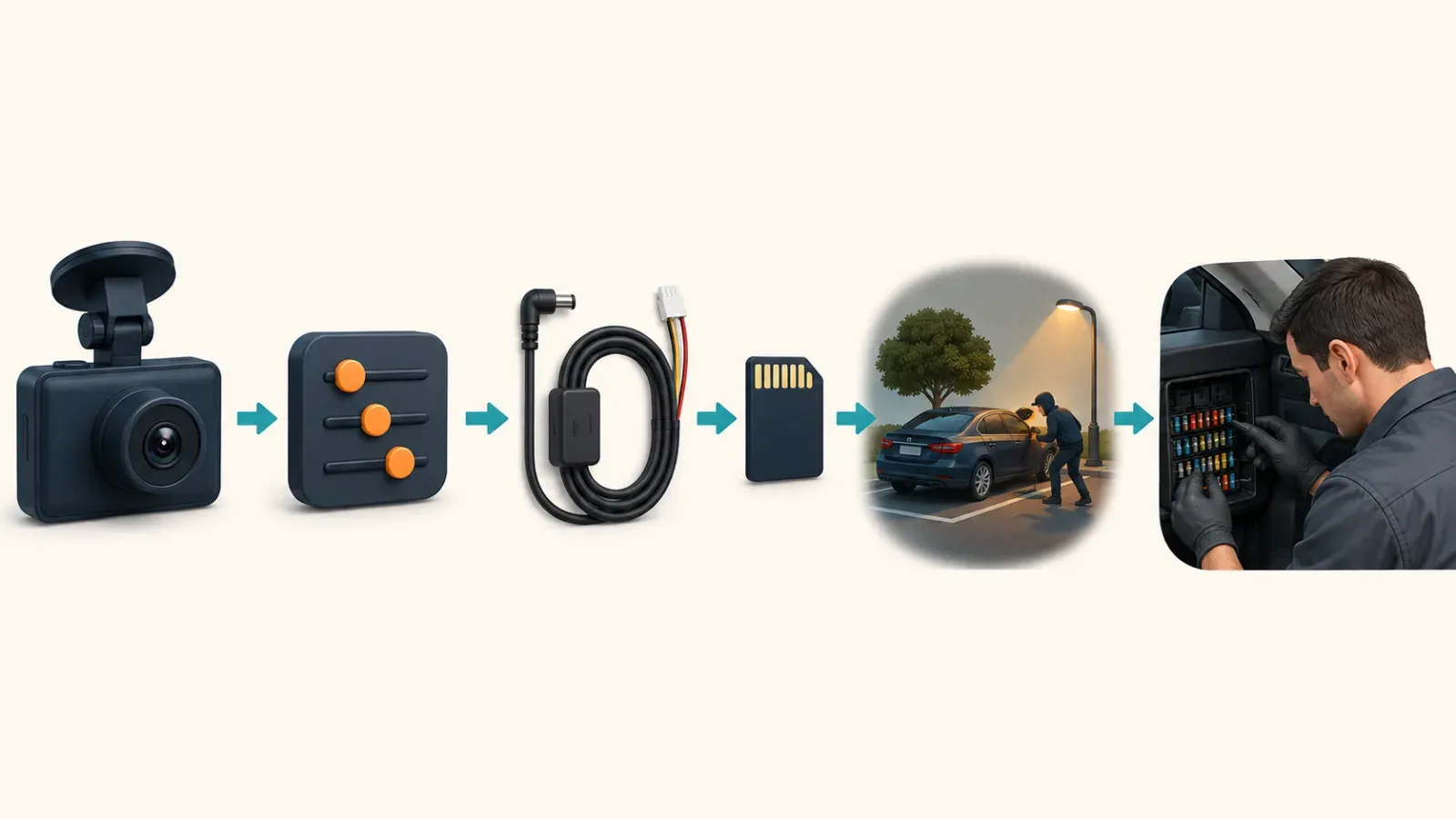 Wordless sequence from dash cam settings and power checks to memory card testing and technician diagnosis