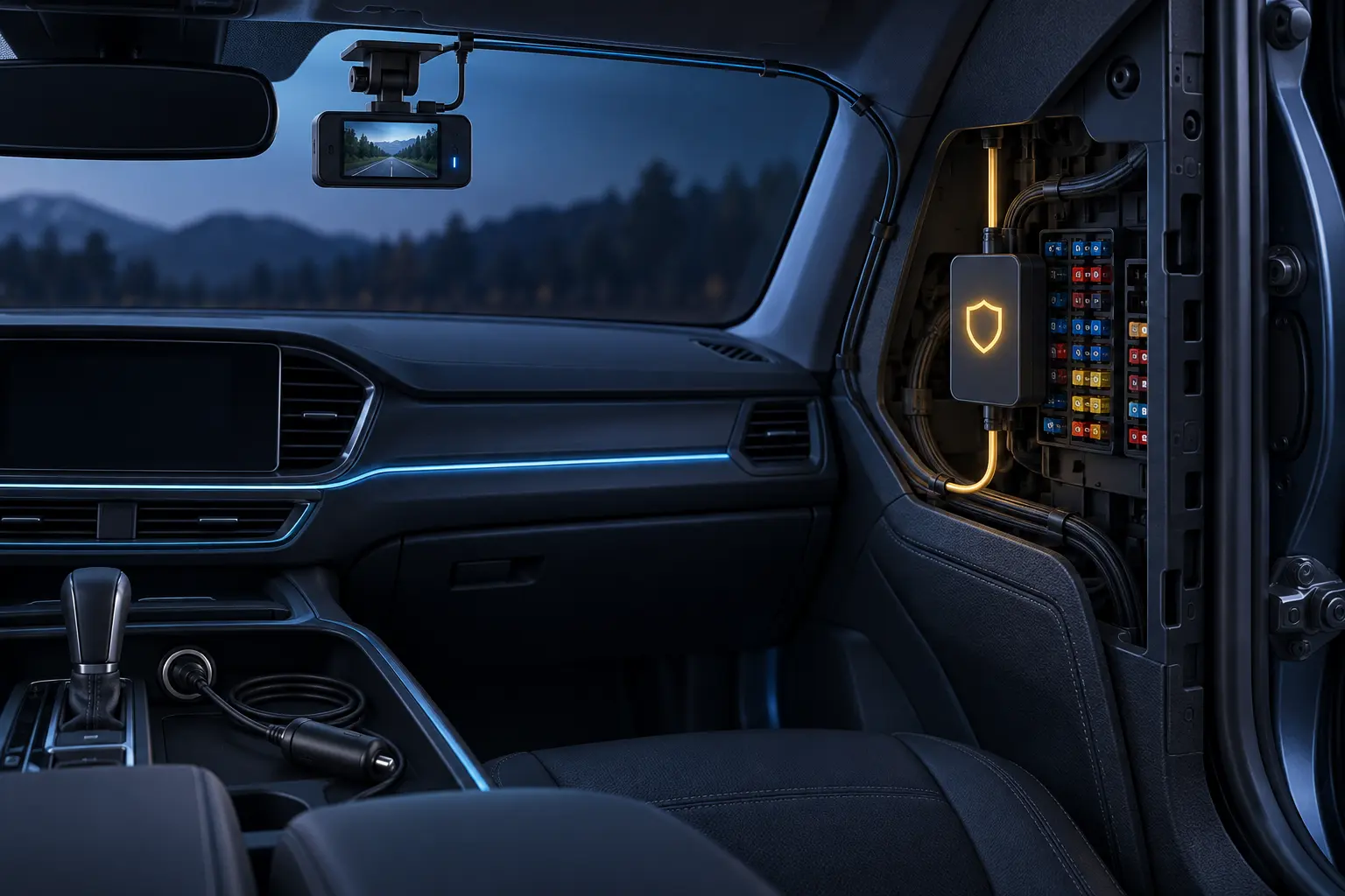 A generic dash camera linked to a protected hardwire module near a vehicle fuse panel, with an inactive accessory-socket cable