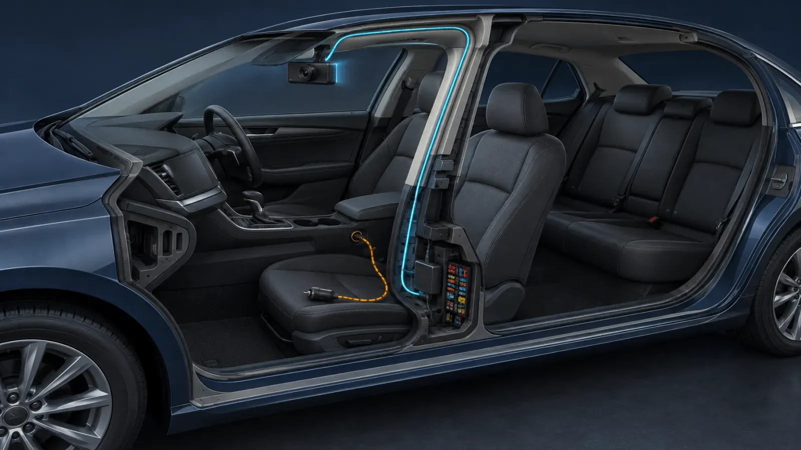 Protected hardwire route from a vehicle fuse panel to a parked dash camera
