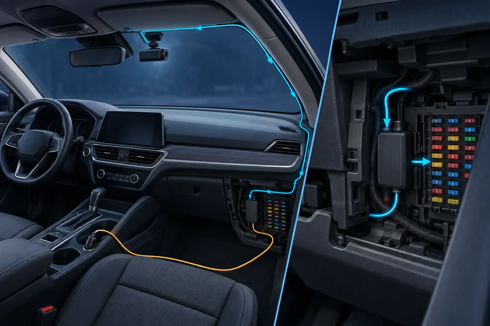 Protected hardwire route from a vehicle fuse panel to a parked dash camera