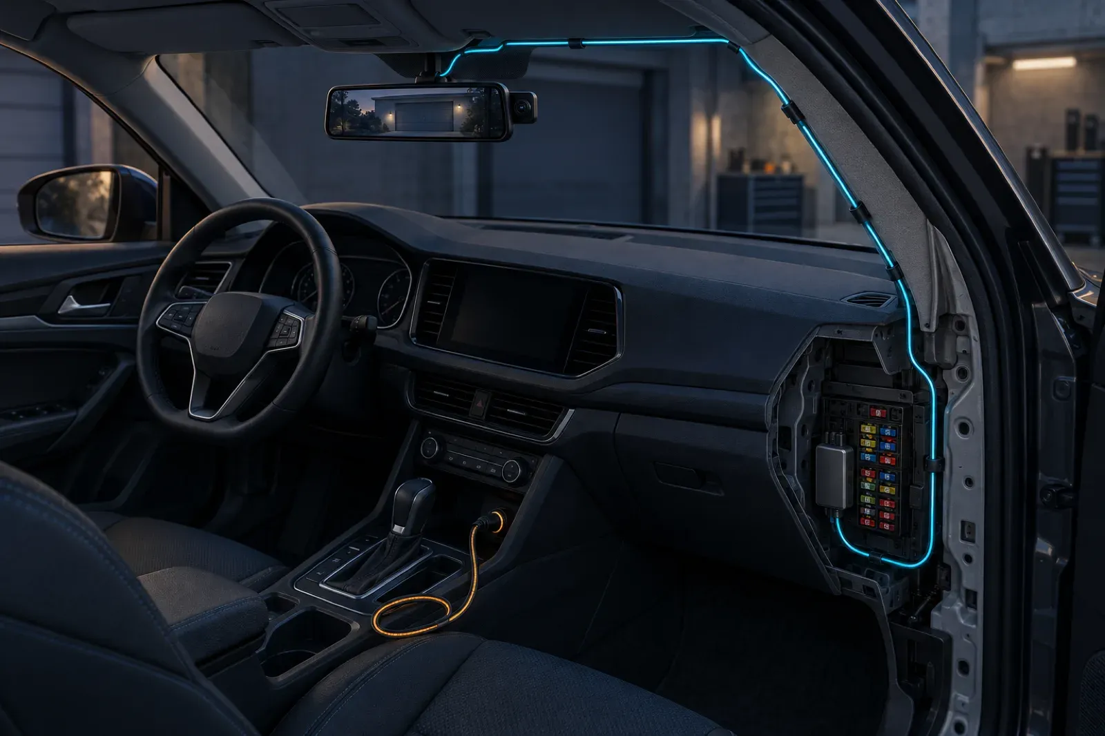 Protected hardwire route from a fuse panel to a parked mirror dash camera