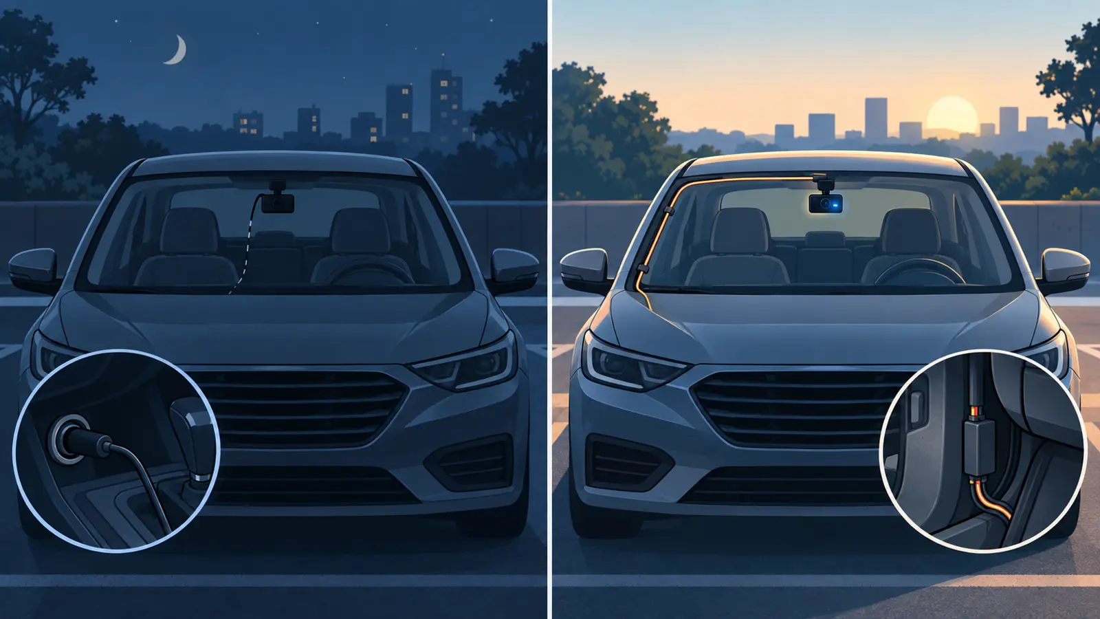 A parked car compares an unpowered accessory outlet with a supported hardwired camera connection
