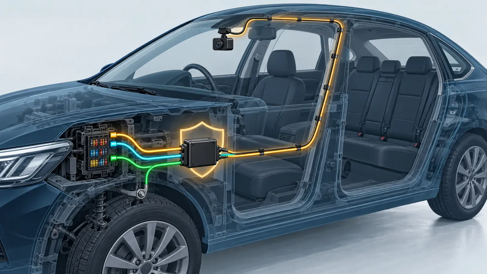 Protected hardwire path from fuse box to a parked dash camera.
