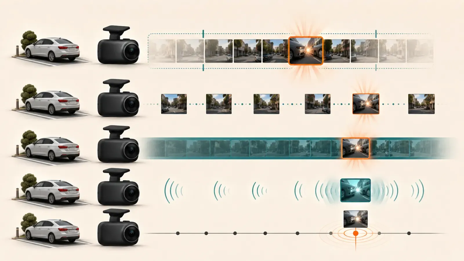 Five wordless recording timelines compare buffered, time-lapse, low-bitrate, radar, and impact-only parking modes