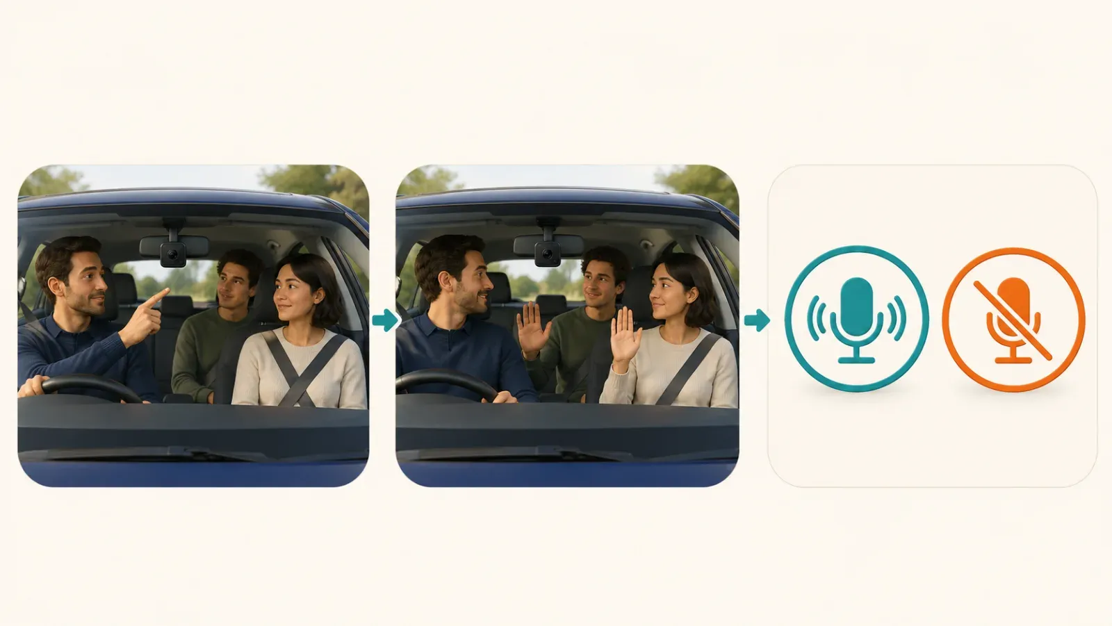 Driver points out a dash cam before passengers acknowledge audio recording