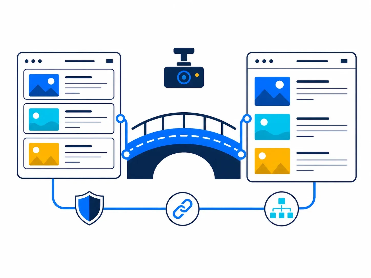 Two publishing layouts connected by a continuous route, with shield, link, sitemap, and dash camera symbols