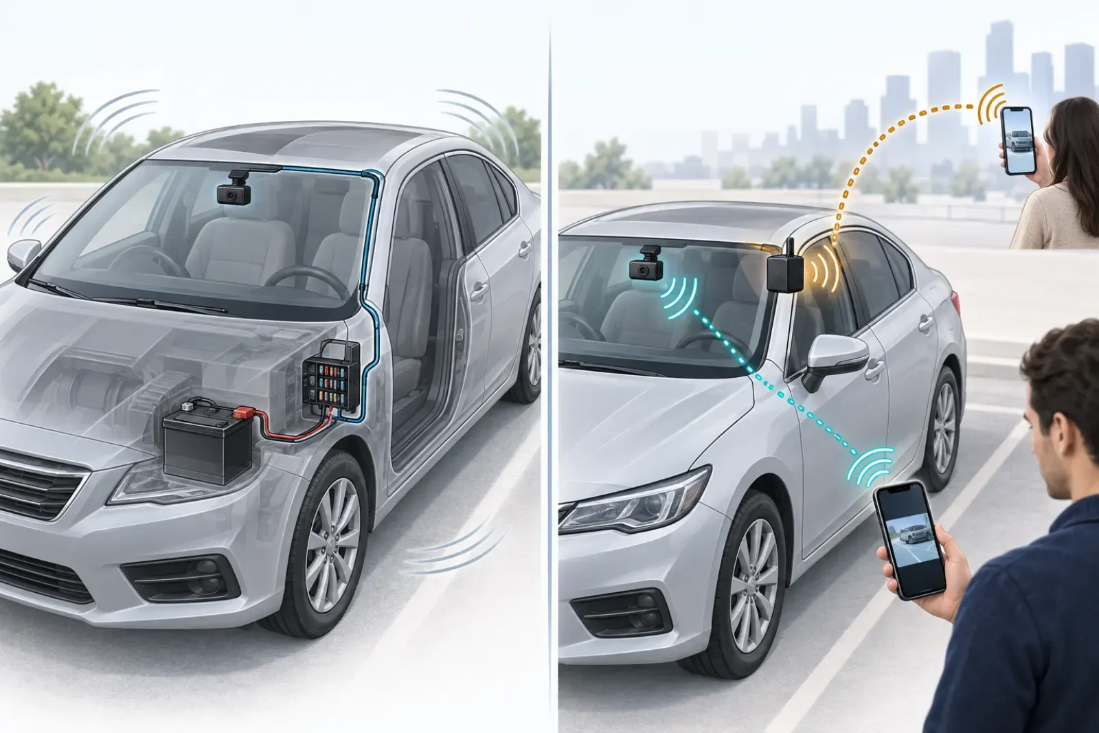 Cutaway of a parked car with dash camera power wiring and nearby phone access