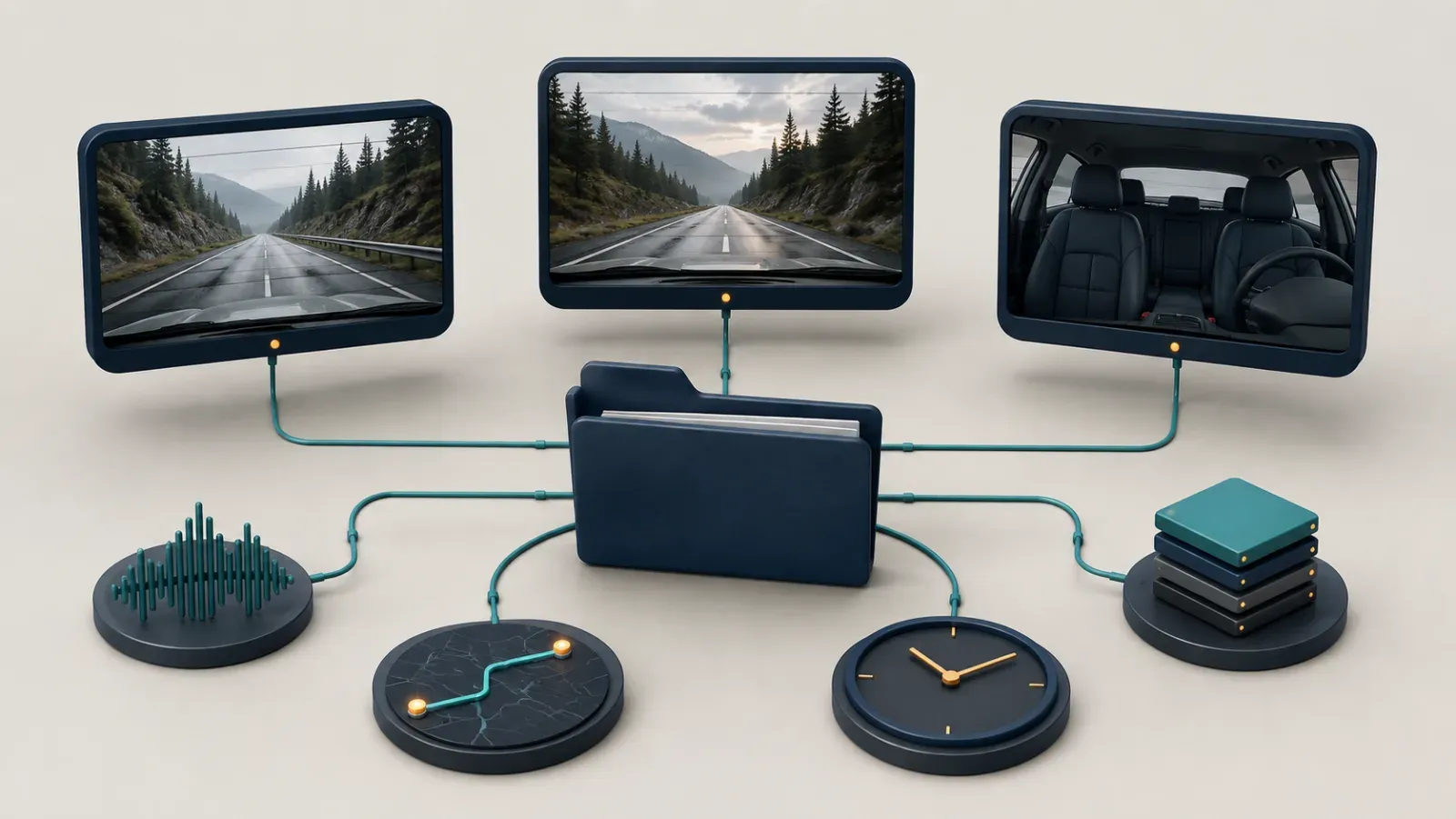 Front, rear, and cabin recordings connected to audio, route, time, and data files