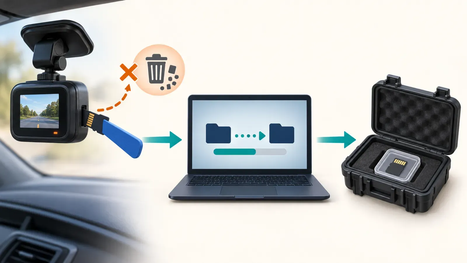 Dash cam footage preservation workflow from memory card to a working copy and secure storage