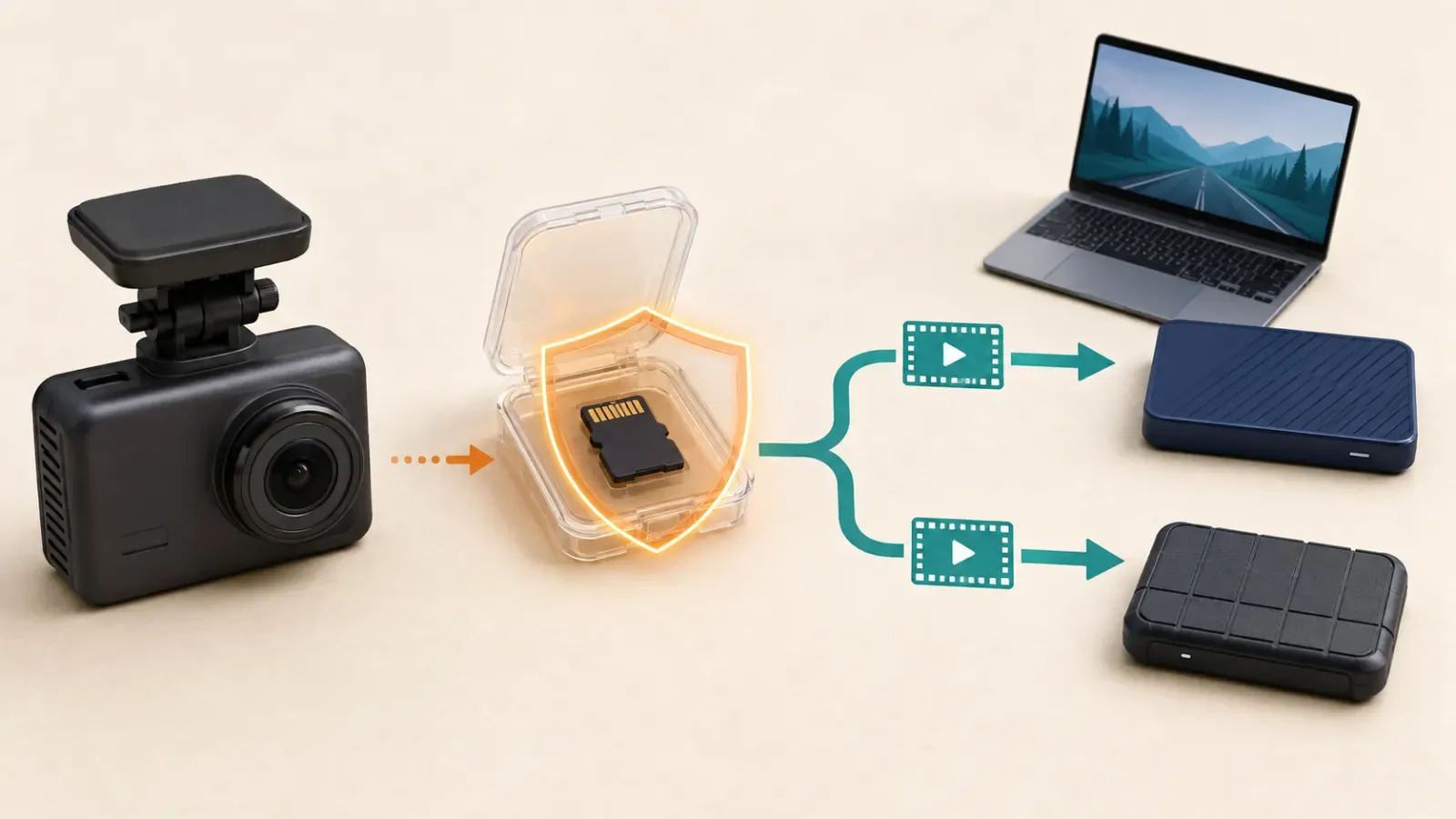 Wordless preservation sequence from a powered-down dash cam to a protected original card and separate working copies