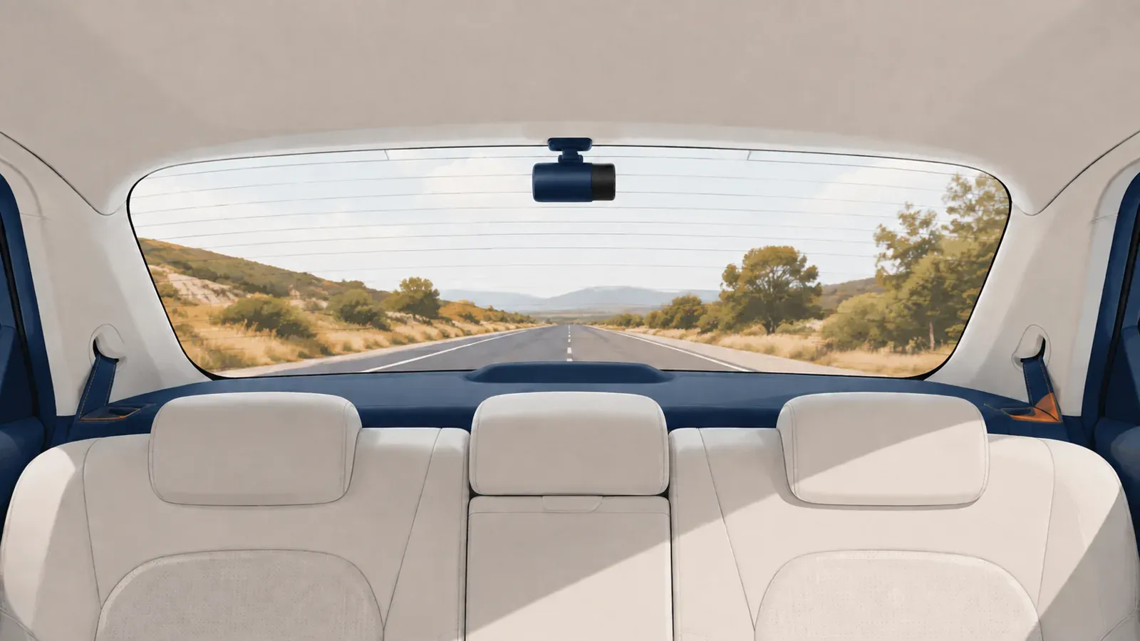 Rear camera shown from inside the cabin, facing outward through the rear window