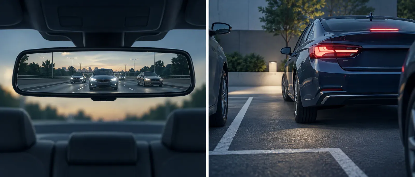 Mirror display showing rear road traffic beside a panel showing a closer reversing view