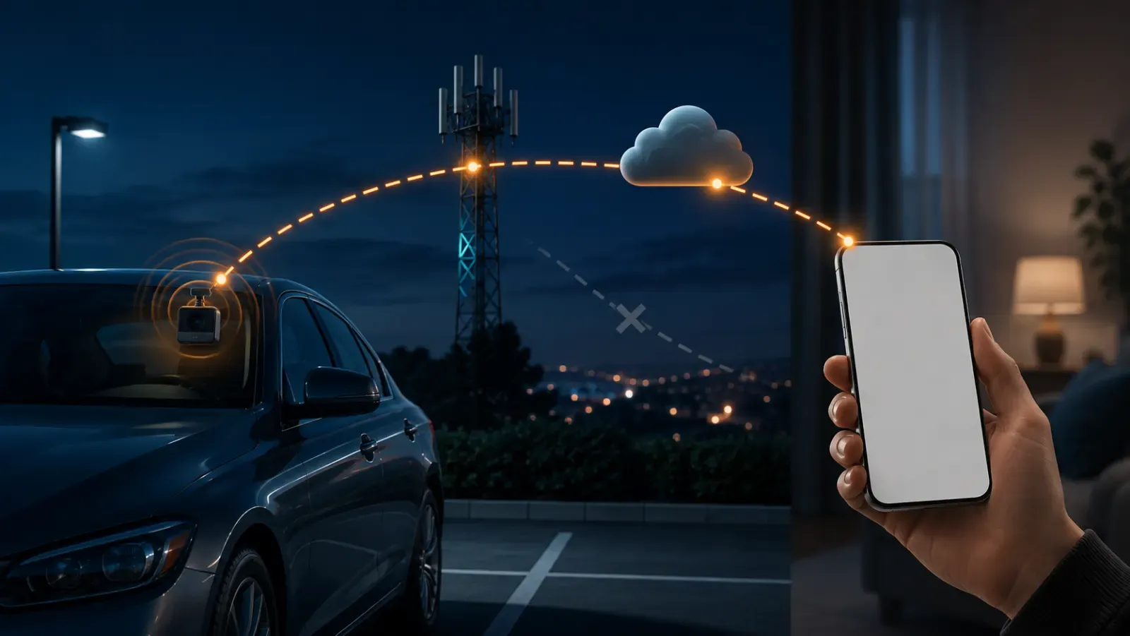 A wordless event path connects a parked dash camera through a cellular tower and cloud to a remote phone