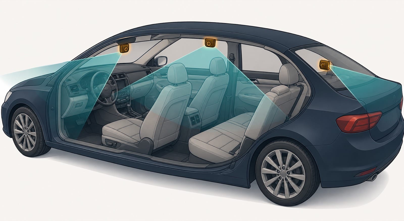 Cutaway sedan showing separate front, cabin, and rear dash cam coverage