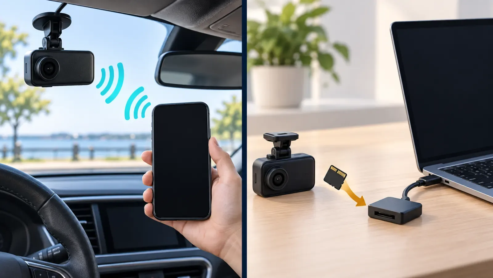 A nearby phone connection and direct memory-card retrieval path shown side by side.