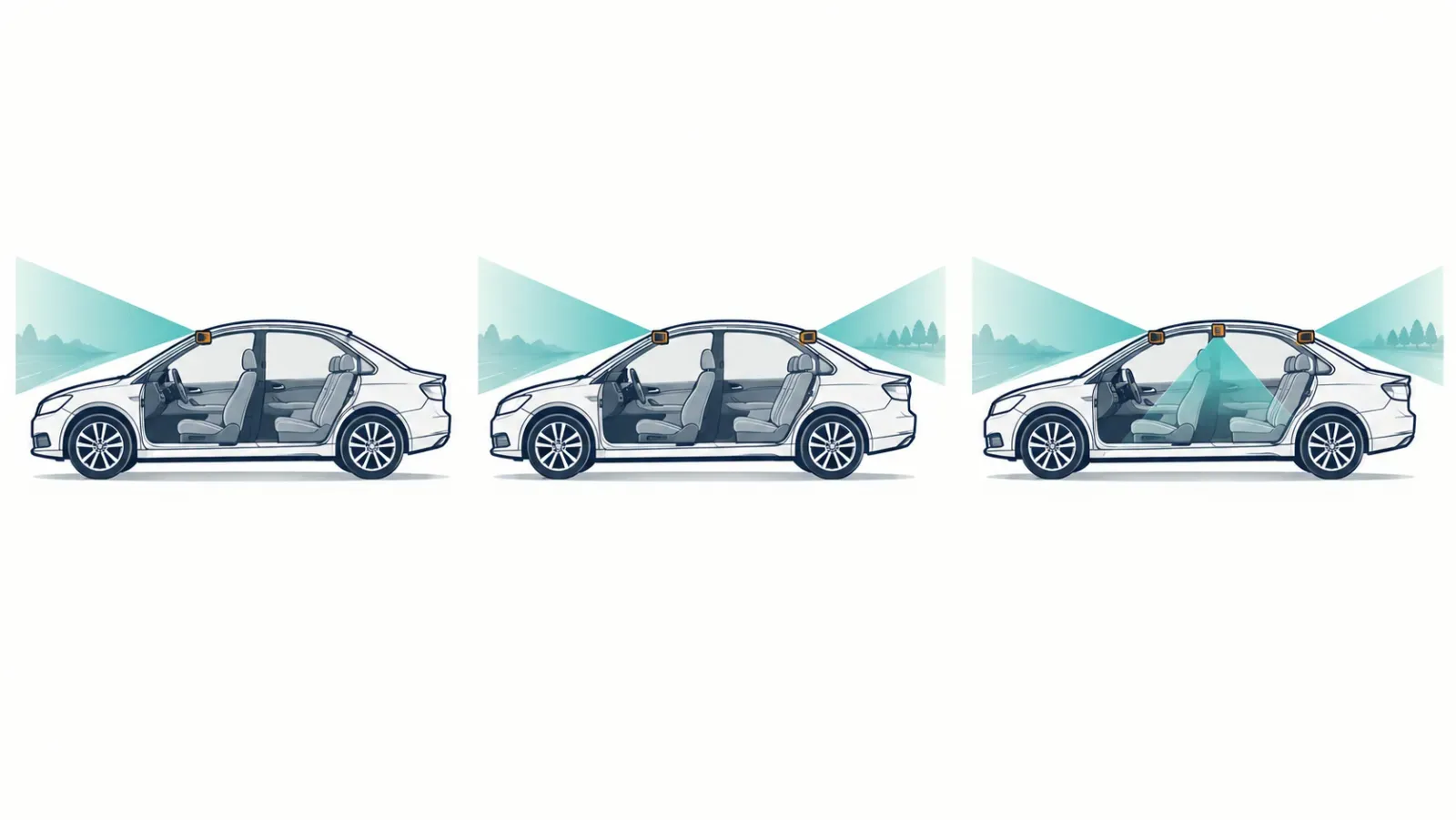 Three vehicle cutaways showing front-only, front-and-rear, and front-cabin-rear camera coverage.