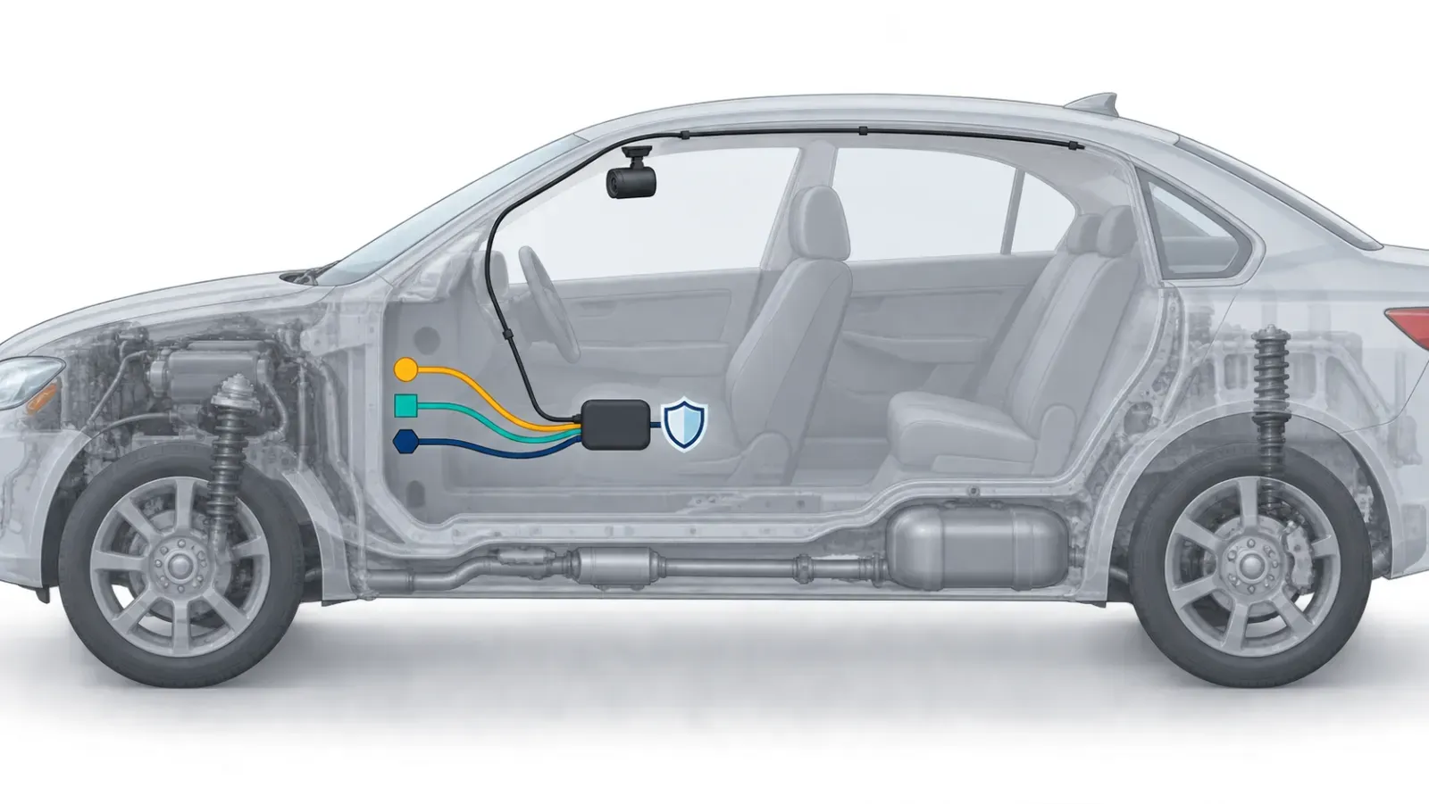 A wordless diagram of a protected three-lead dash cam hardwire path through a parked car.
